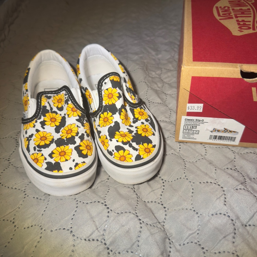 Vans Classic Slip-On Cow Floral Multi True White Kids Shoes 13.5 Sunflower